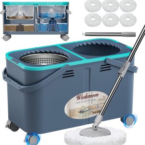 2026 Upgraded Gen 2 Spin Mop and Bucket Set with 4 Swivel Wheels for Easy Rolling, Separates Clean & Dirty Water, Floor Mop with 6 Washable Mop Heads for Wood, Tile, Vinyl, Baseboards - Grey/Blue
